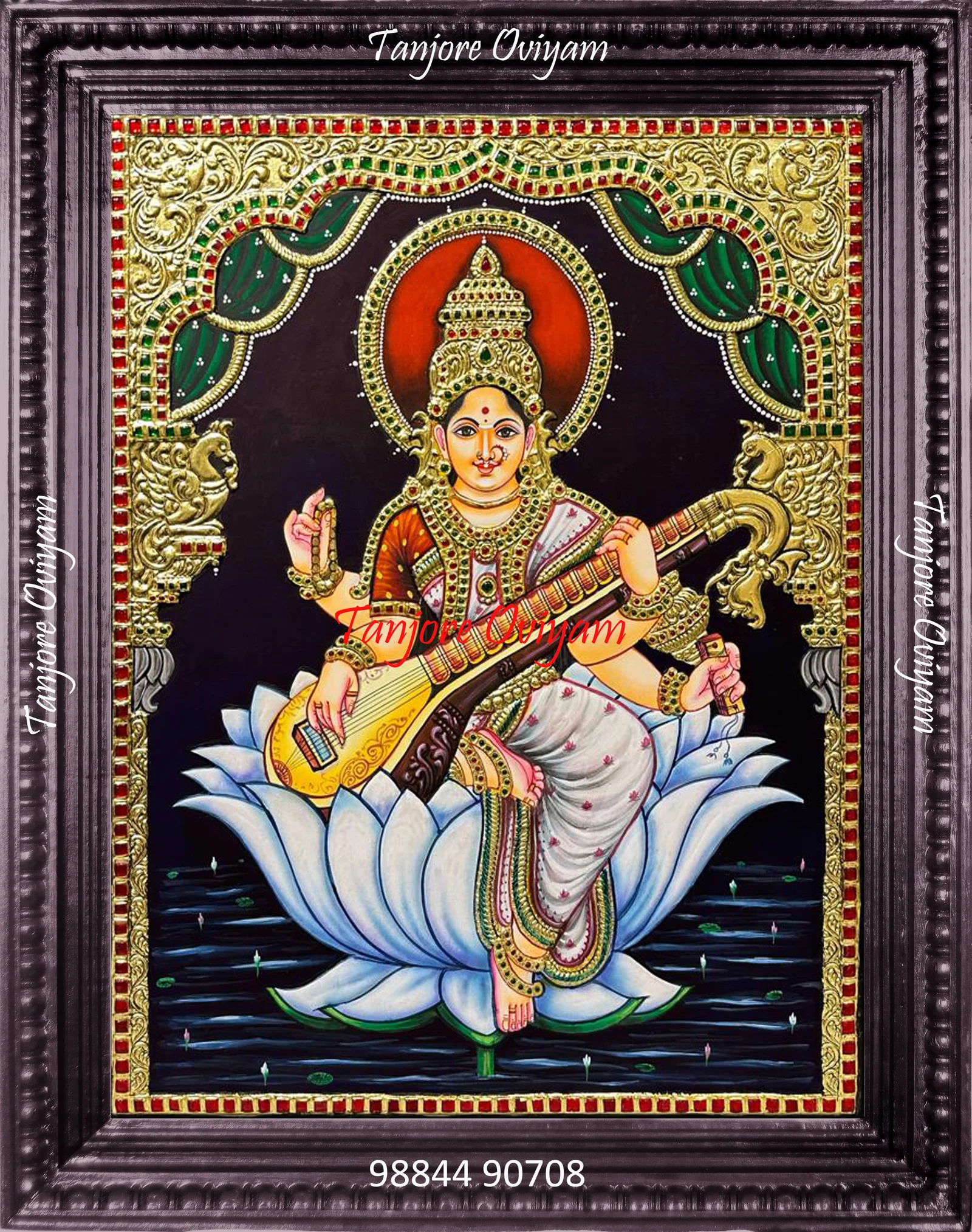 Goddess Saraswathi Tanjore Style painting seated white lotus veena red halo gold foil artwork